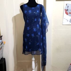 City Triangles Sleeveless Midnight Blue Floral Dress with Scarf